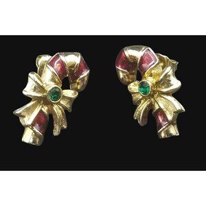 Avon Jewelry Candy Cane Earrings Bows Rhinestone Red Enamel Gold Tone Posts